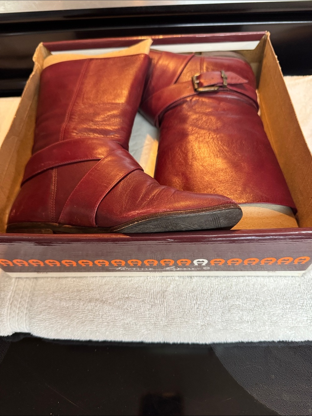 Etienne Aigner Vintage Burgundy Leather Mid-Calf Buckle Boots